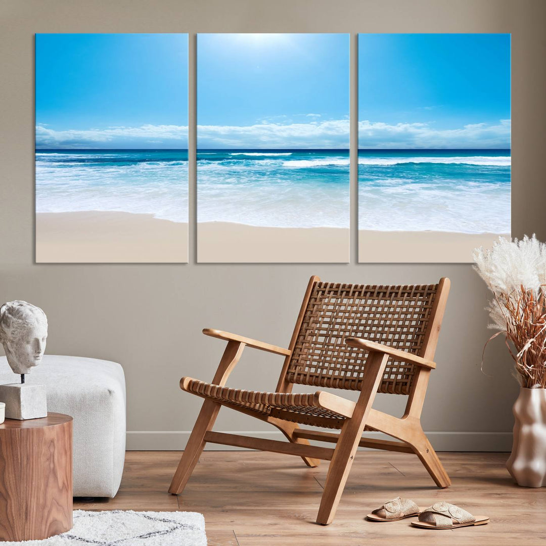 Large Wall Art Canvas Print Shiny Blue Sea and Beach