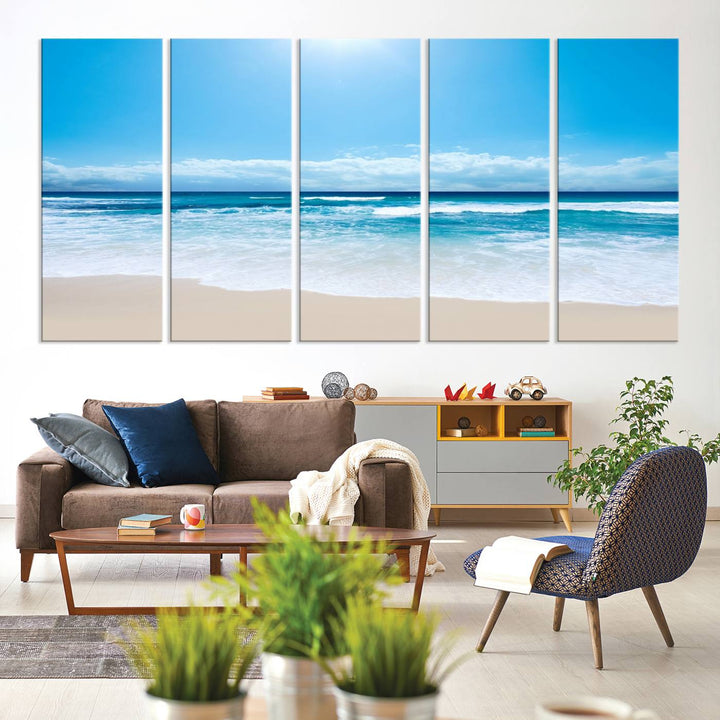 Large Wall Art Canvas Print Shiny Blue Sea and Beach