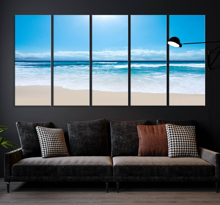 Large Wall Art Canvas Print Shiny Blue Sea and Beach