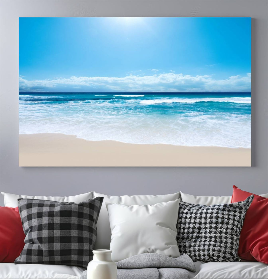 Large Wall Art Canvas Print Shiny Blue Sea and Beach