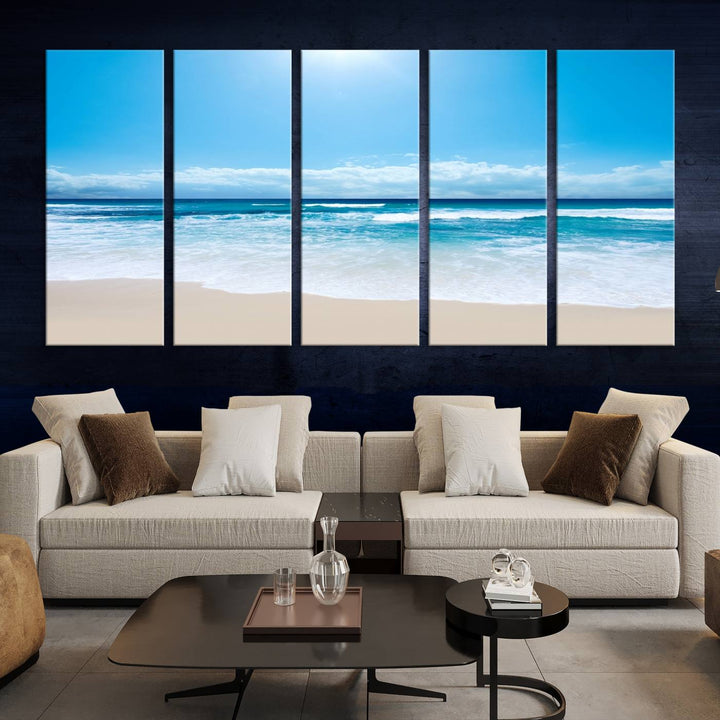 Large Wall Art Canvas Print Shiny Blue Sea and Beach