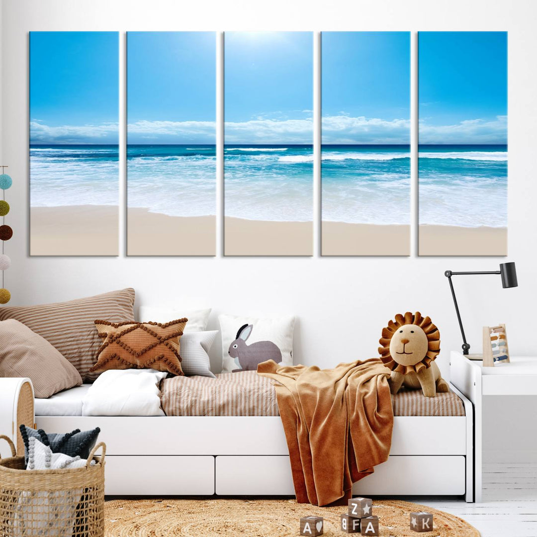 Large Wall Art Canvas Print Shiny Blue Sea and Beach