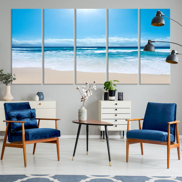 Large Wall Art Canvas Print Shiny Blue Sea and Beach