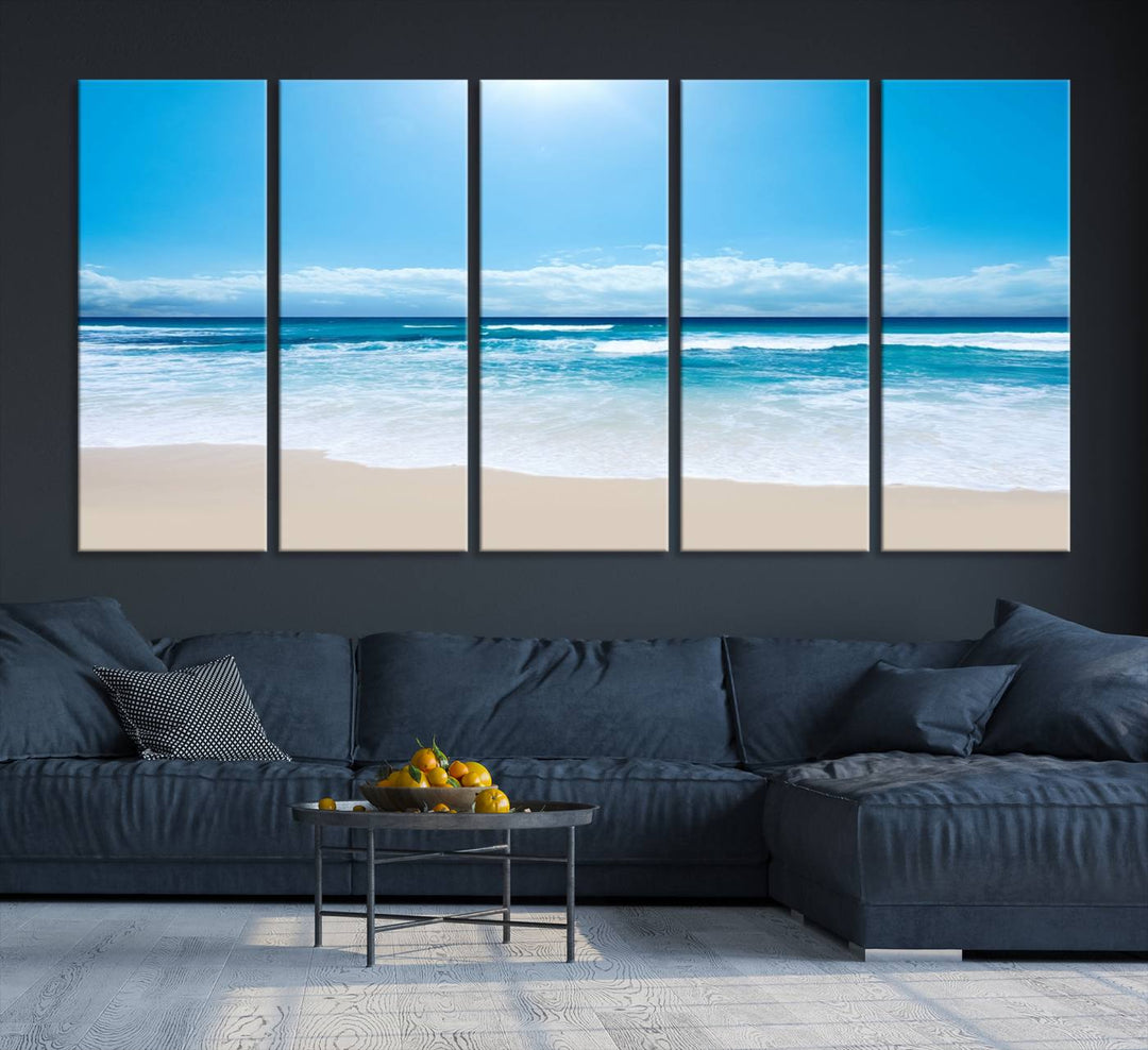 Large Wall Art Canvas Print Shiny Blue Sea and Beach