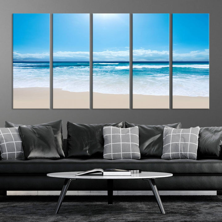 Large Wall Art Canvas Print Shiny Blue Sea and Beach