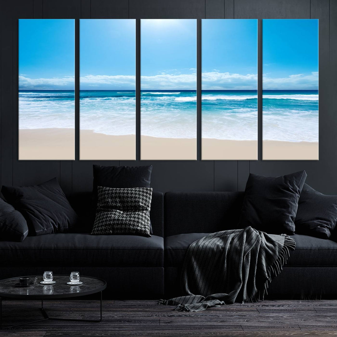 Large Wall Art Canvas Print Shiny Blue Sea and Beach