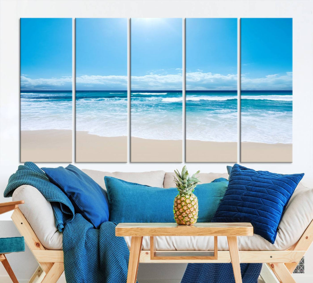 Large Wall Art Canvas Print Shiny Blue Sea and Beach