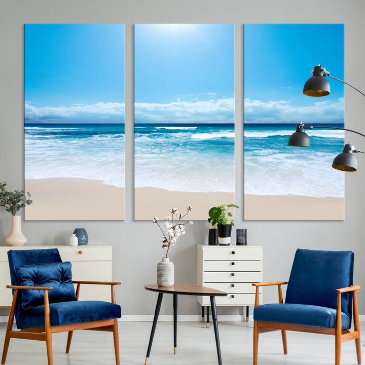 Large Wall Art Canvas Print Shiny Blue Sea and Beach