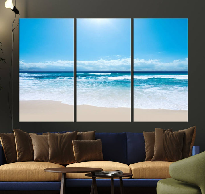 Large Wall Art Canvas Print Shiny Blue Sea and Beach