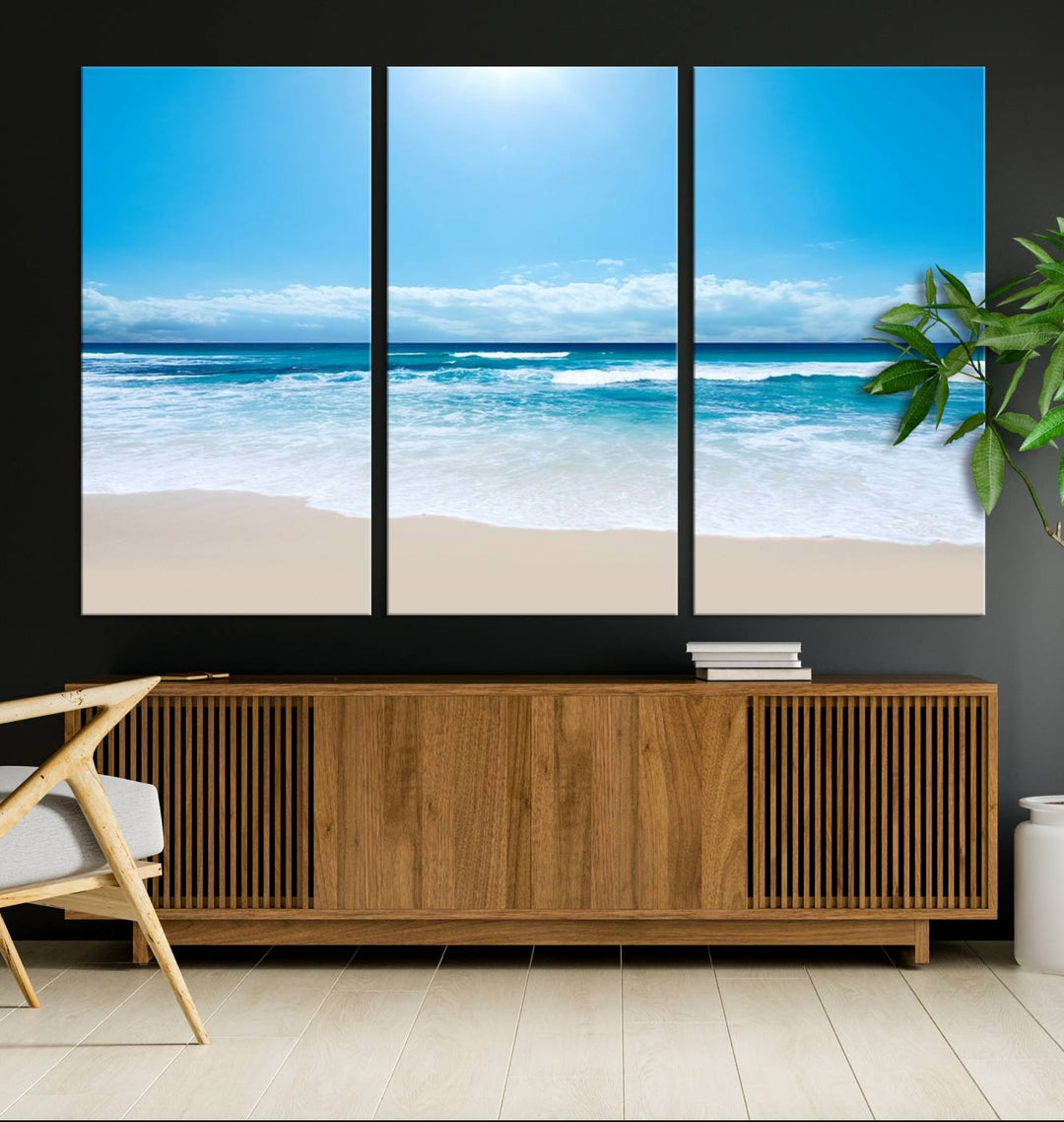 Large Wall Art Canvas Print Shiny Blue Sea and Beach