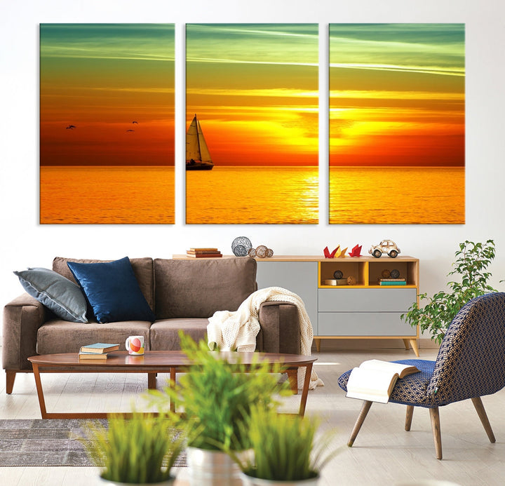 Large Wall Art Canvas Sailboat and Sailors at Sunset