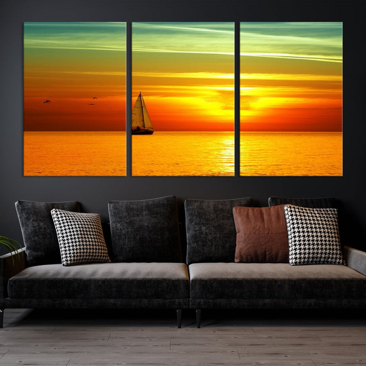 Large Wall Art Canvas Sailboat and Sailors at Sunset