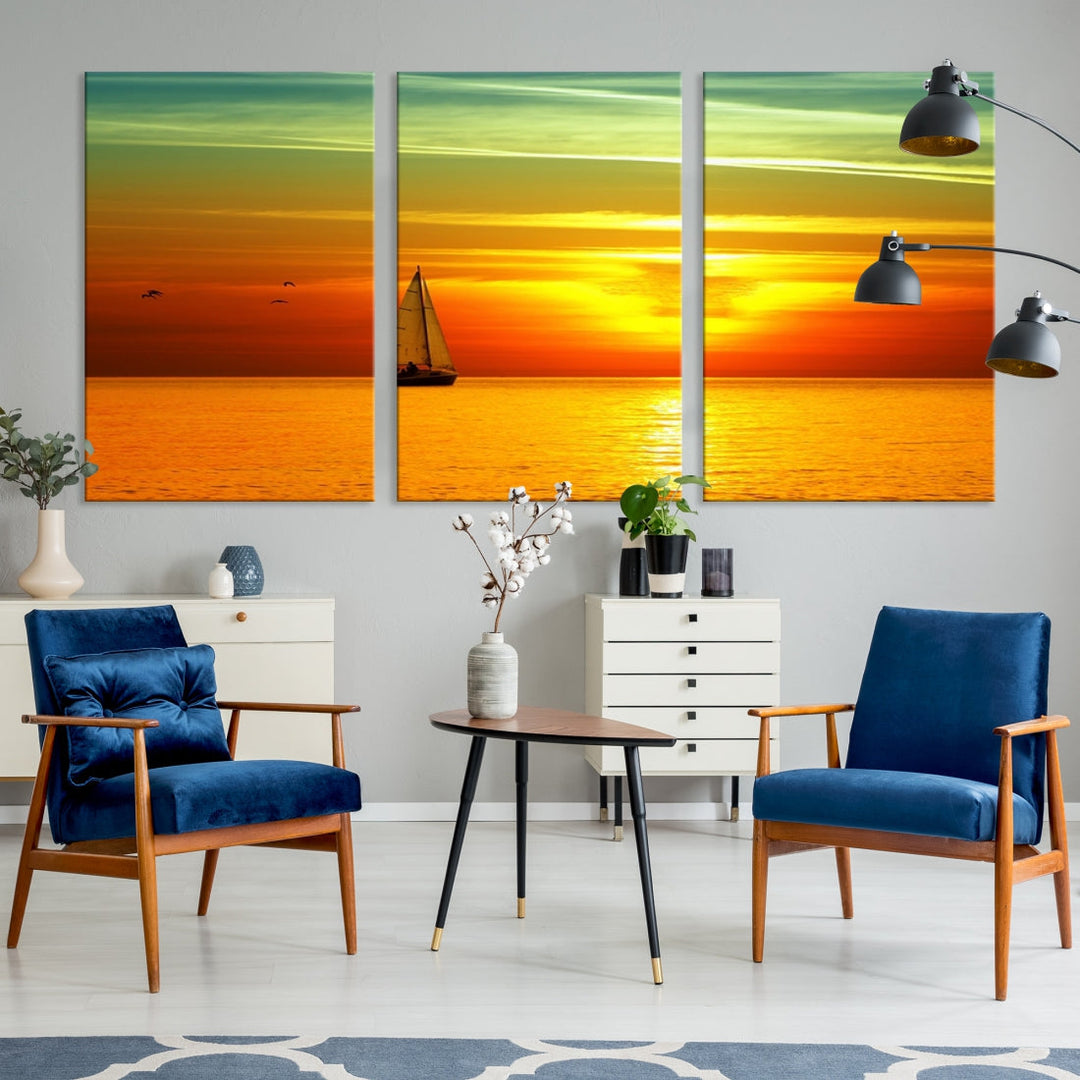 Large Wall Art Canvas Sailboat and Sailors at Sunset