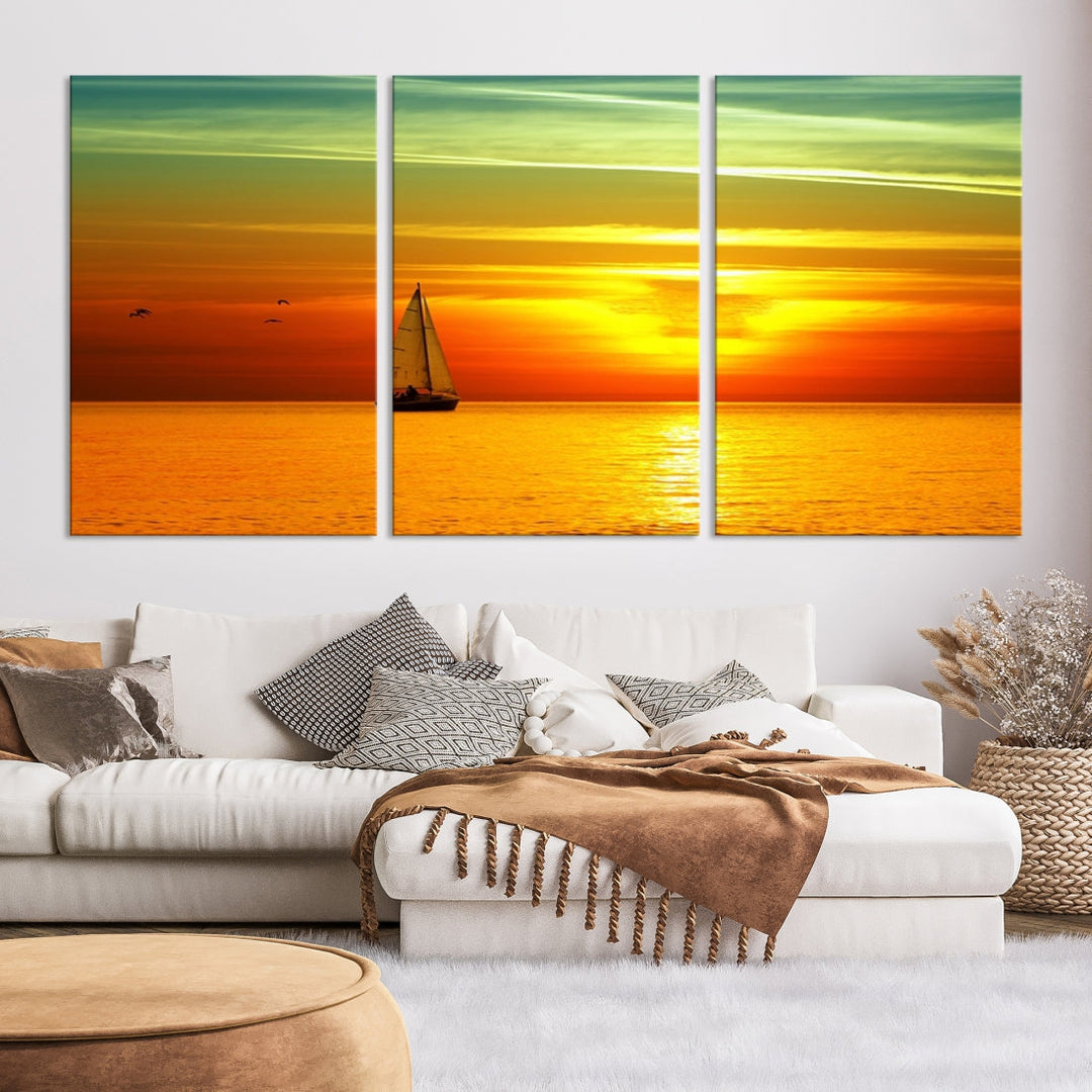 Large Wall Art Canvas Sailboat and Sailors at Sunset