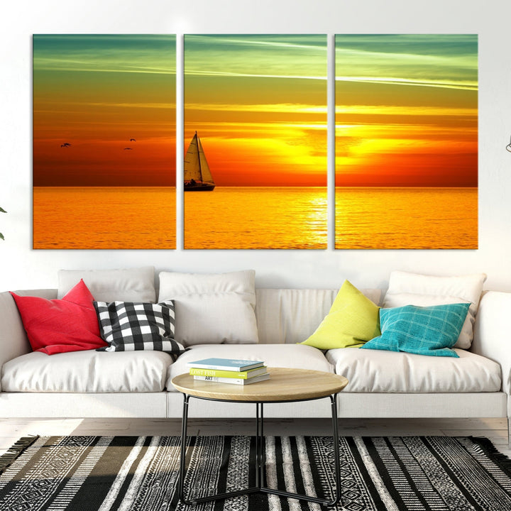 Large Wall Art Canvas Sailboat and Sailors at Sunset