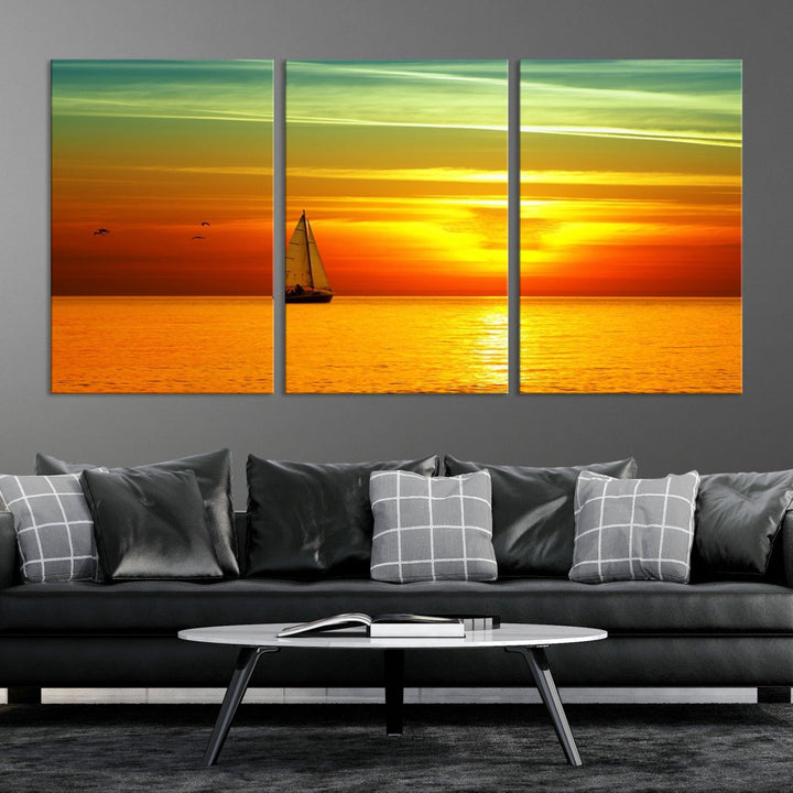 Large Wall Art Canvas Sailboat and Sailors at Sunset