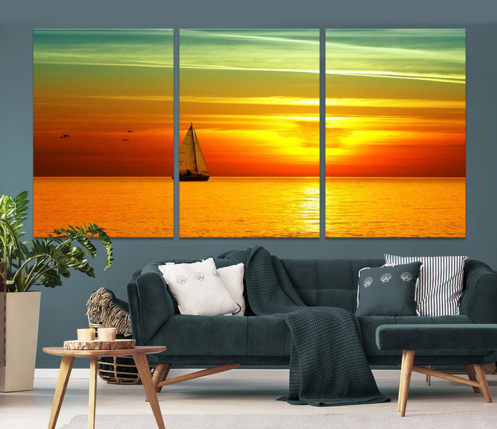 Large Wall Art Canvas Sailboat and Sailors at Sunset