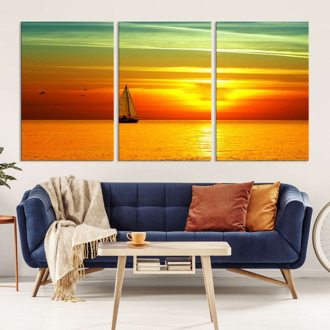 Large Wall Art Canvas Sailboat and Sailors at Sunset