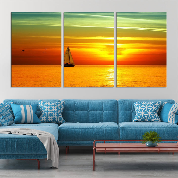 Large Wall Art Canvas Sailboat and Sailors at Sunset