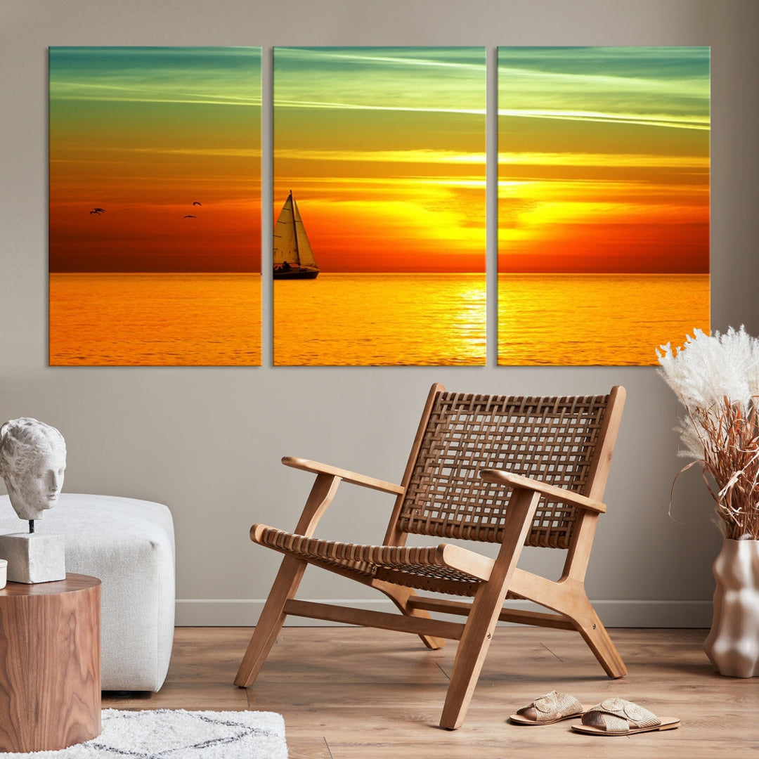 Large Wall Art Canvas Sailboat and Sailors at Sunset