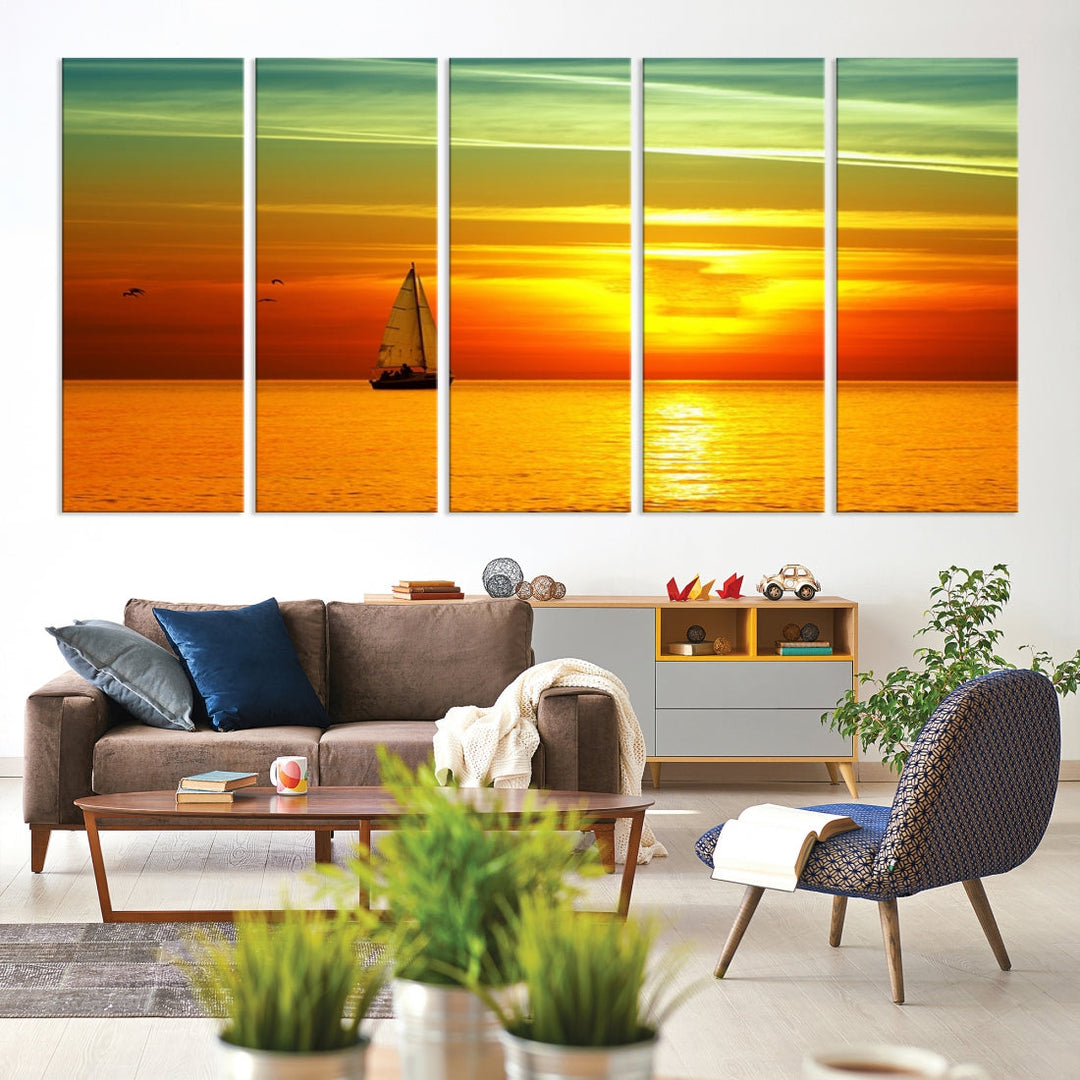 Large Wall Art Canvas Sailboat and Sailors at Sunset