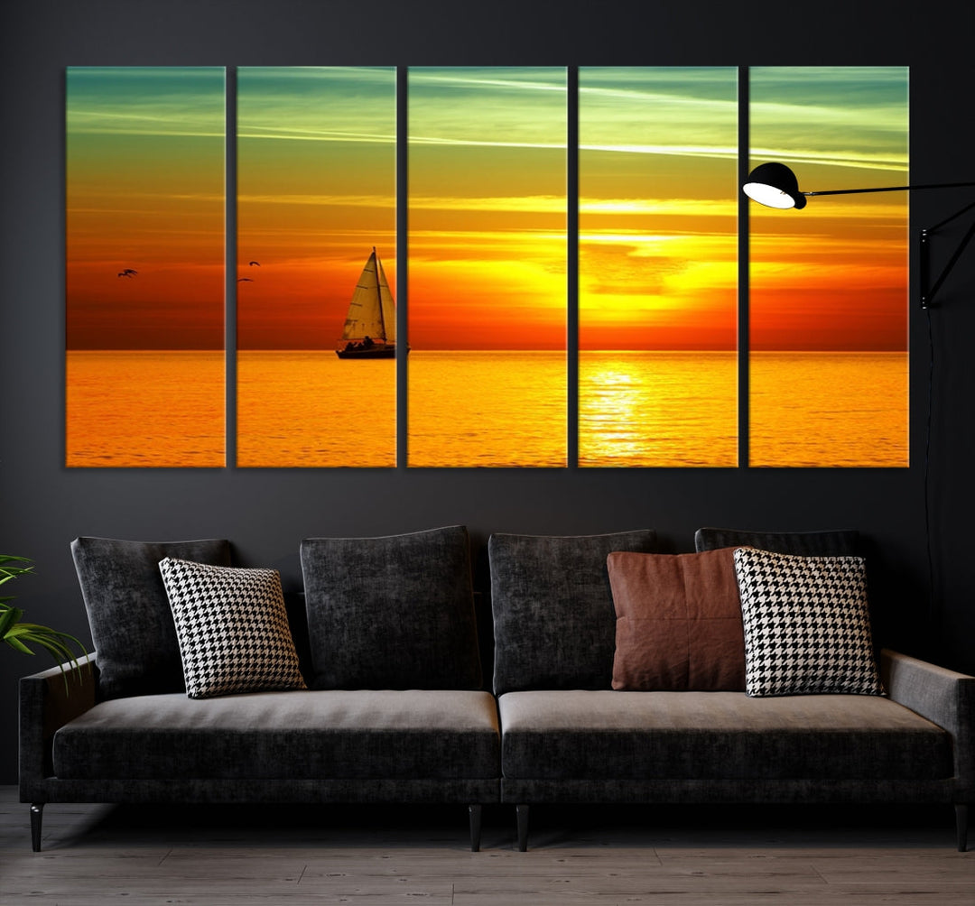 Large Wall Art Canvas Sailboat and Sailors at Sunset