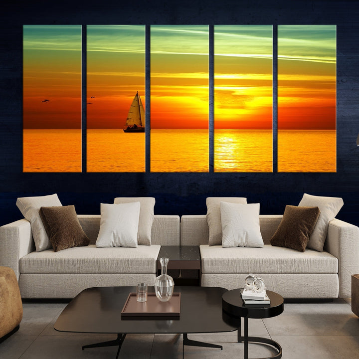 Large Wall Art Canvas Sailboat and Sailors at Sunset