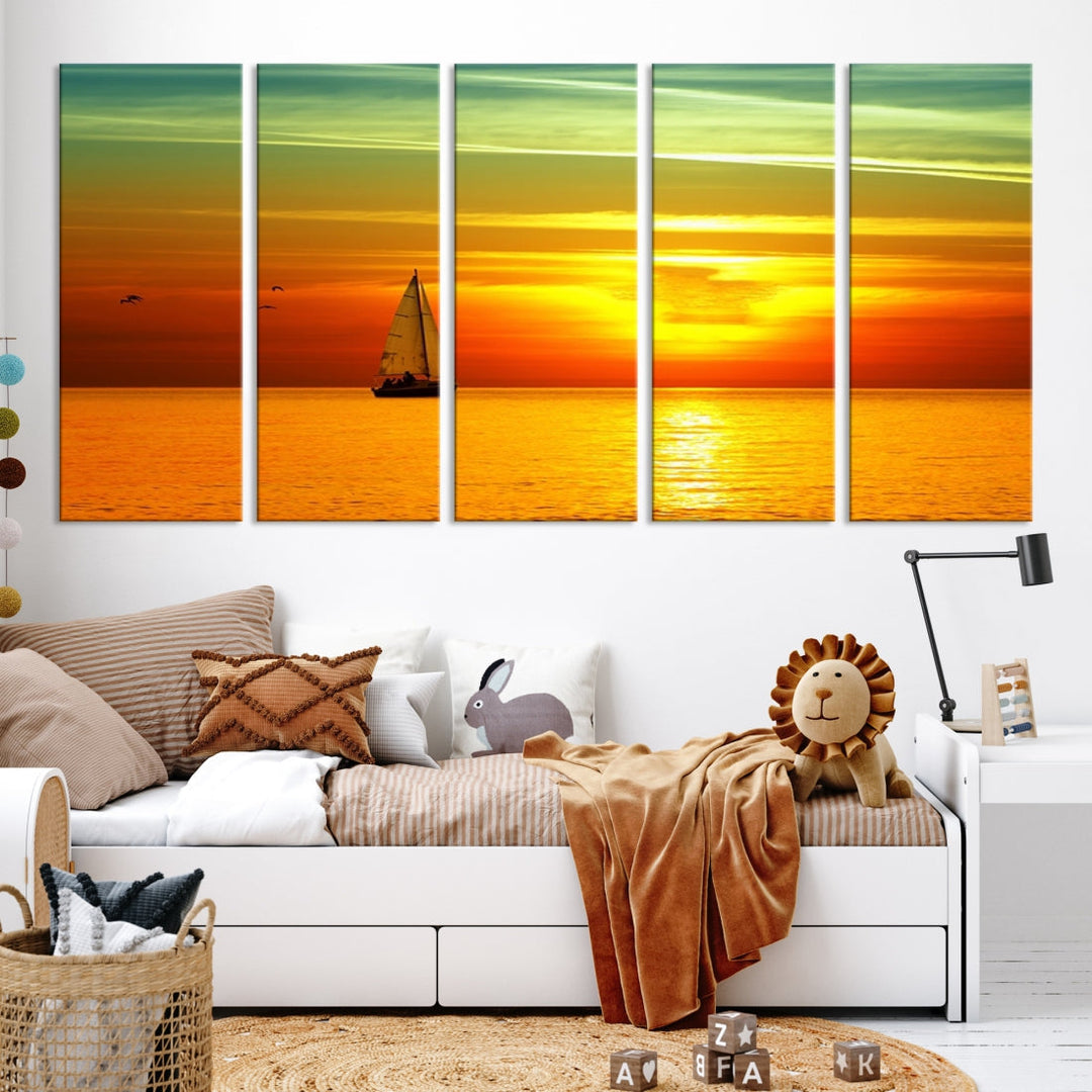 Large Wall Art Canvas Sailboat and Sailors at Sunset