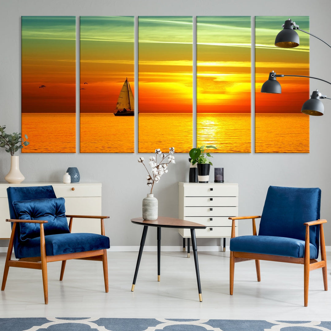 Large Wall Art Canvas Sailboat and Sailors at Sunset