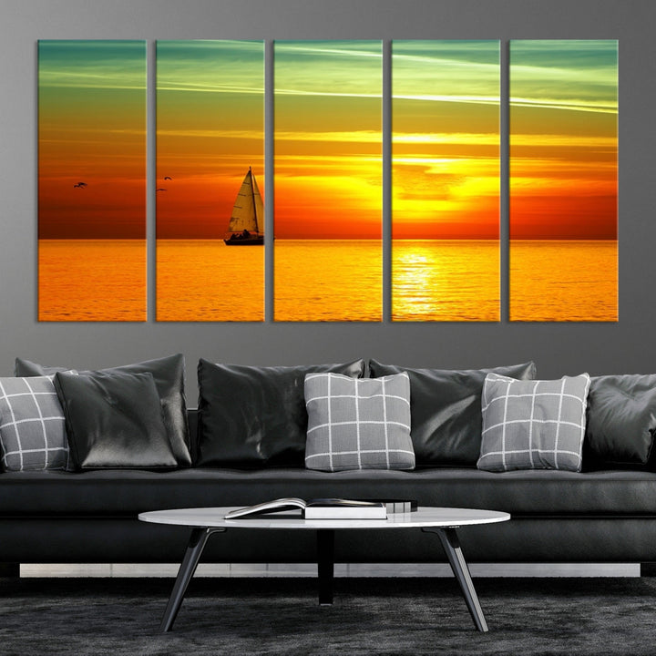 Large Wall Art Canvas Sailboat and Sailors at Sunset