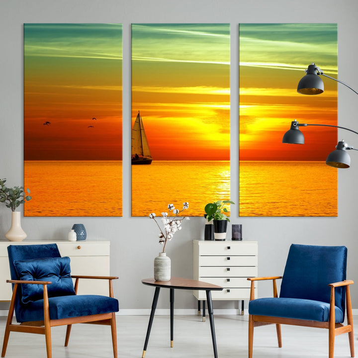 Large Wall Art Canvas Sailboat and Sailors at Sunset