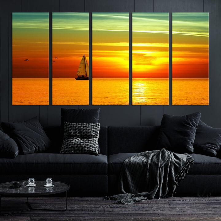 Large Wall Art Canvas Sailboat and Sailors at Sunset