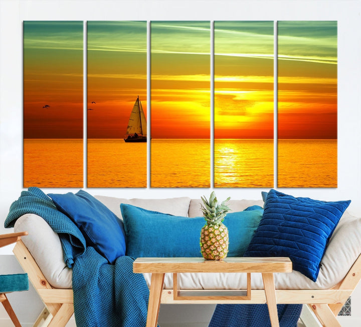 Large Wall Art Canvas Sailboat and Sailors at Sunset