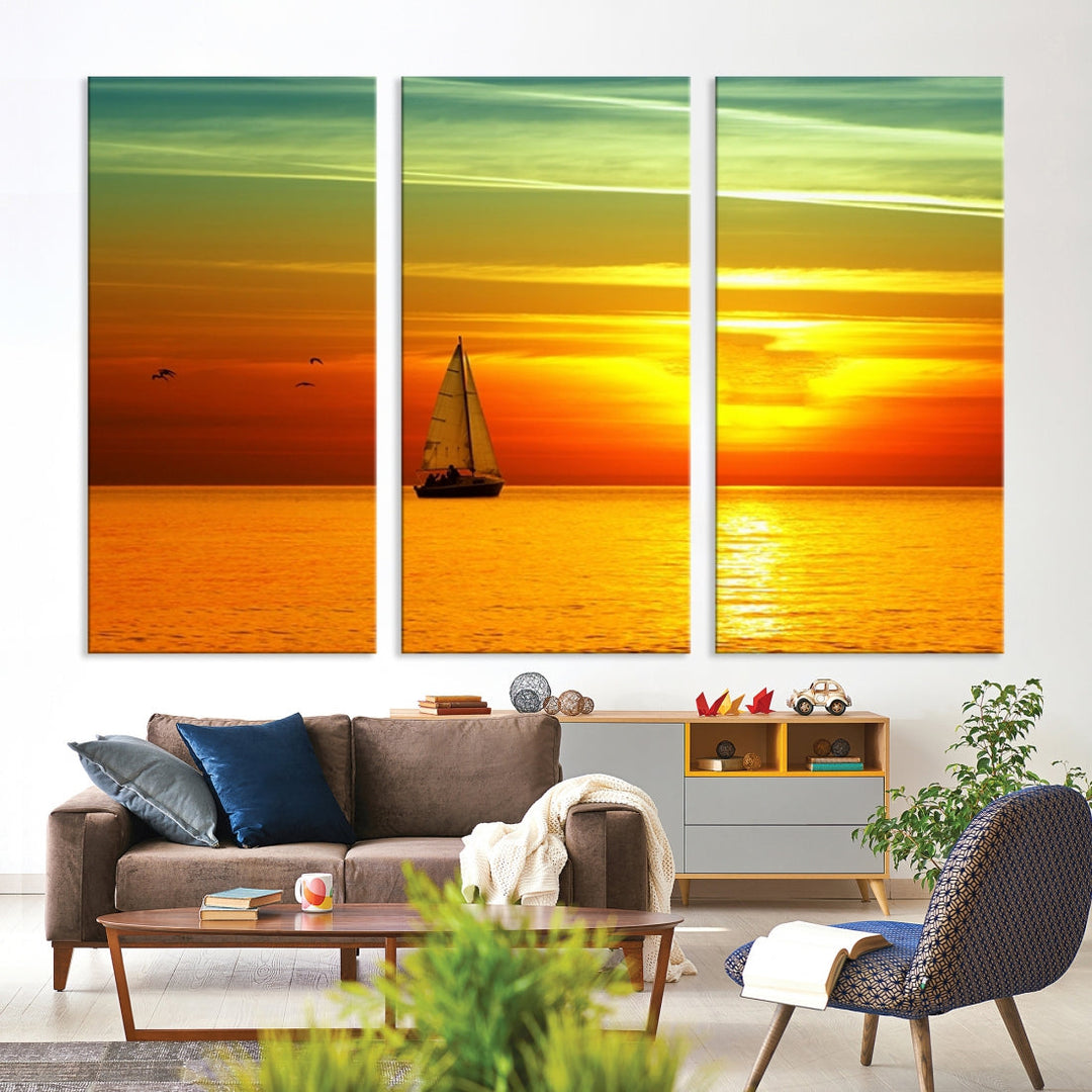 Large Wall Art Canvas Sailboat and Sailors at Sunset