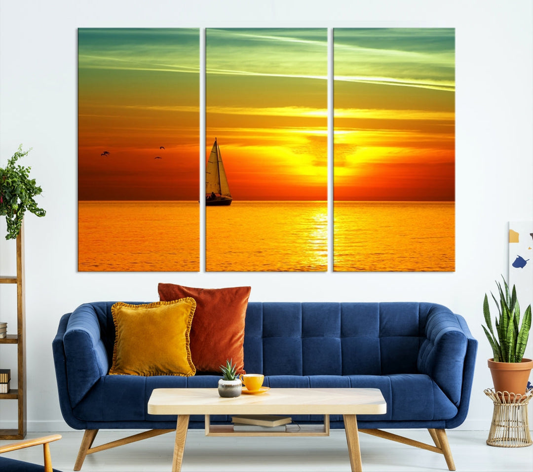 Large Wall Art Canvas Sailboat and Sailors at Sunset