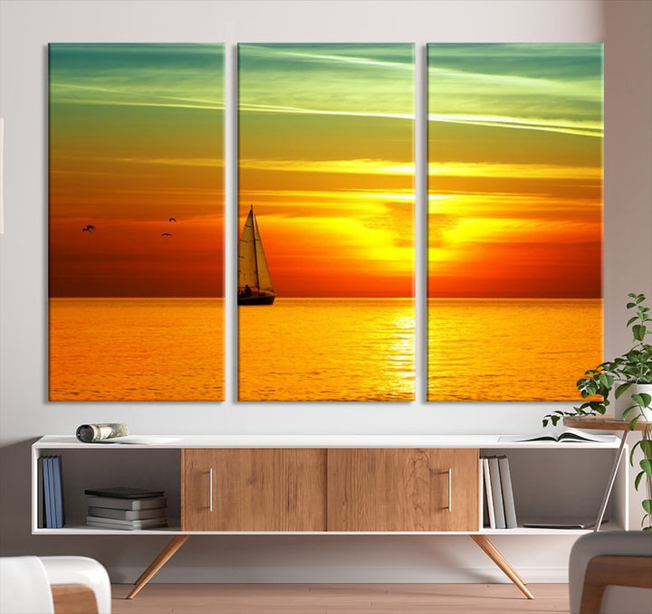 Large Wall Art Canvas Sailboat and Sailors at Sunset