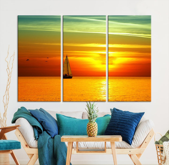 Large Wall Art Canvas Sailboat and Sailors at Sunset