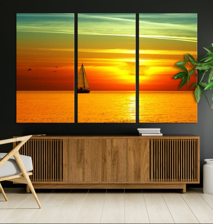 Large Wall Art Canvas Sailboat and Sailors at Sunset