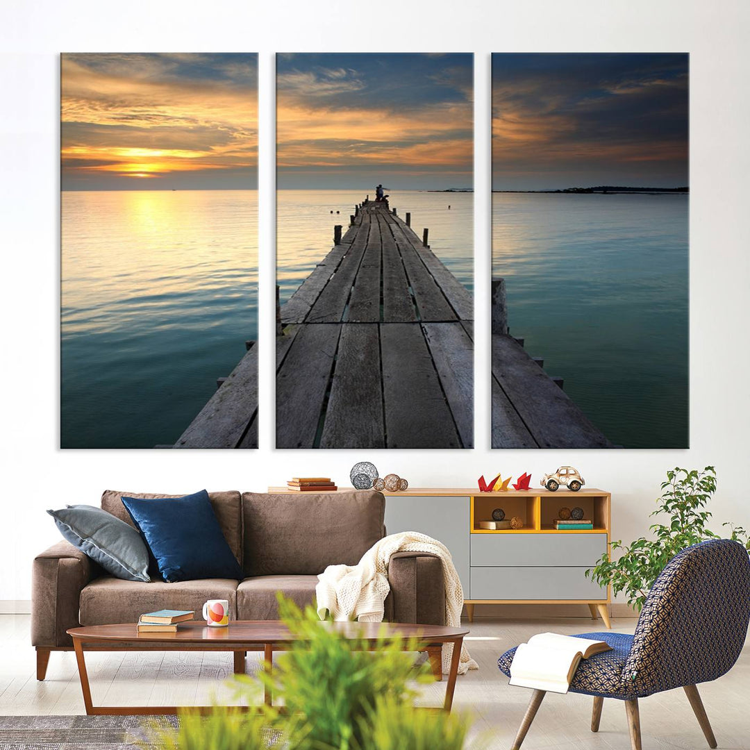 Large Wall Art Canvas Wooden Pier on Glassy Sea at Sunset