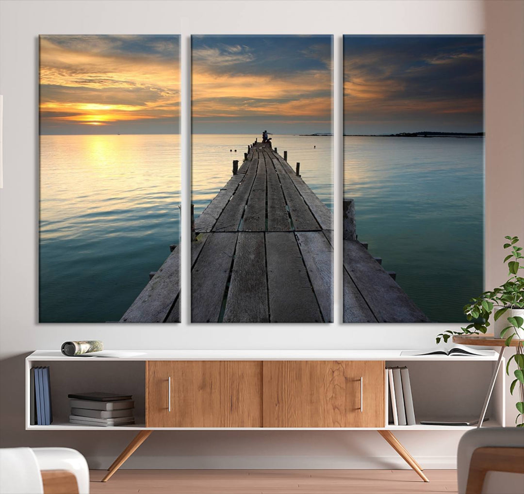 Large Wall Art Canvas Wooden Pier on Glassy Sea at Sunset