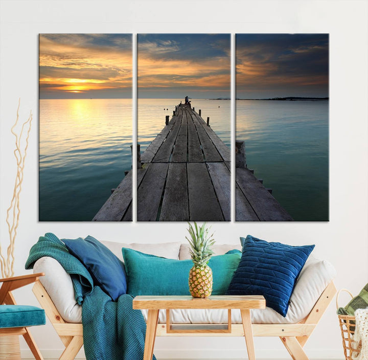 Large Wall Art Canvas Wooden Pier on Glassy Sea at Sunset