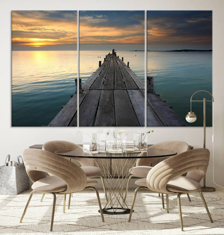 Large Wall Art Canvas Wooden Pier on Glassy Sea at Sunset