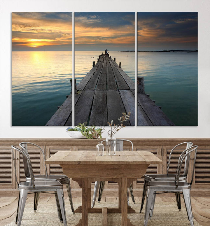 Large Wall Art Canvas Wooden Pier on Glassy Sea at Sunset