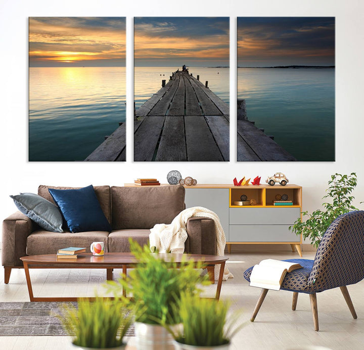 Large Wall Art Canvas Wooden Pier on Glassy Sea at Sunset