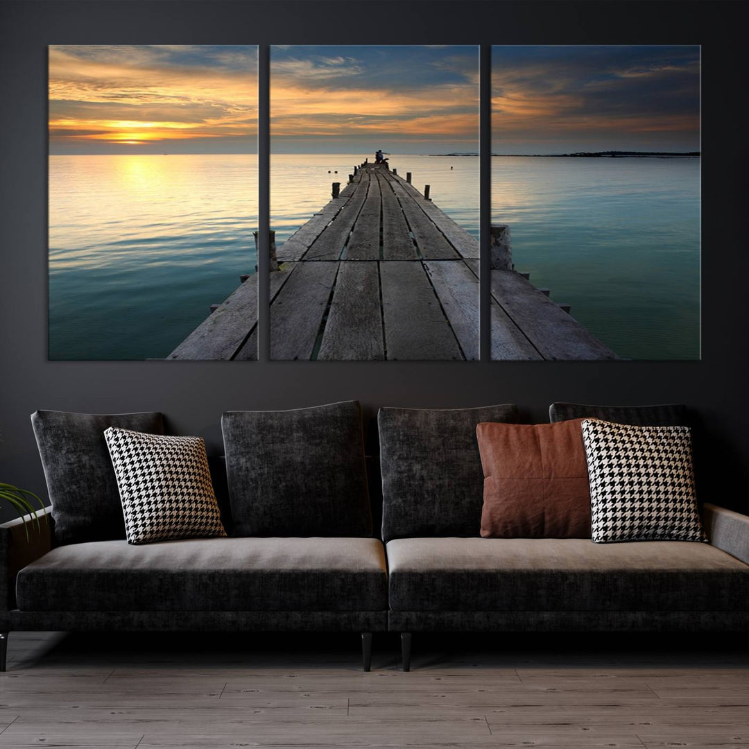 Large Wall Art Canvas Wooden Pier on Glassy Sea at Sunset