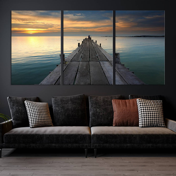 Large Wall Art Canvas Wooden Pier on Glassy Sea at Sunset