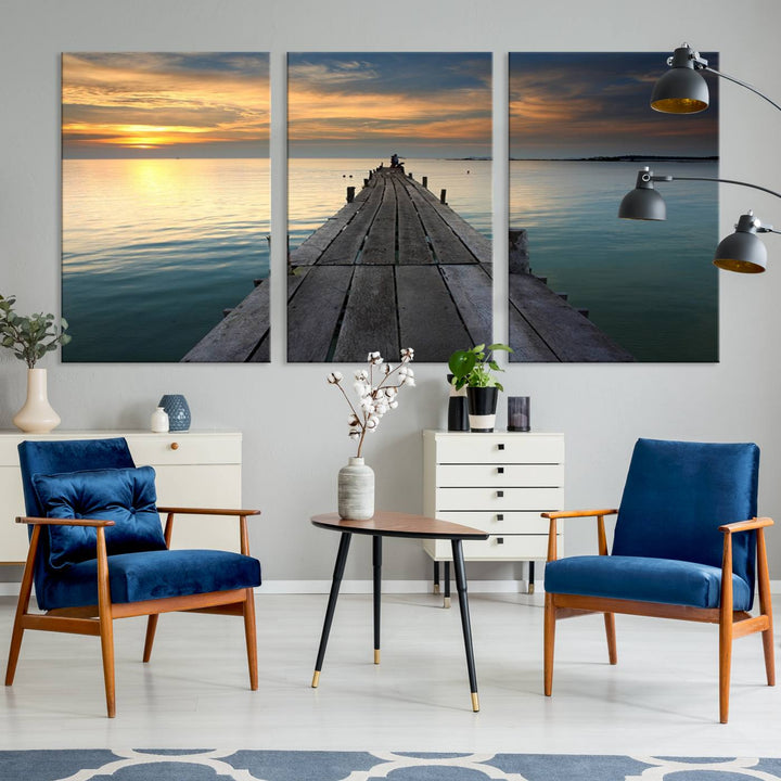 Large Wall Art Canvas Wooden Pier on Glassy Sea at Sunset