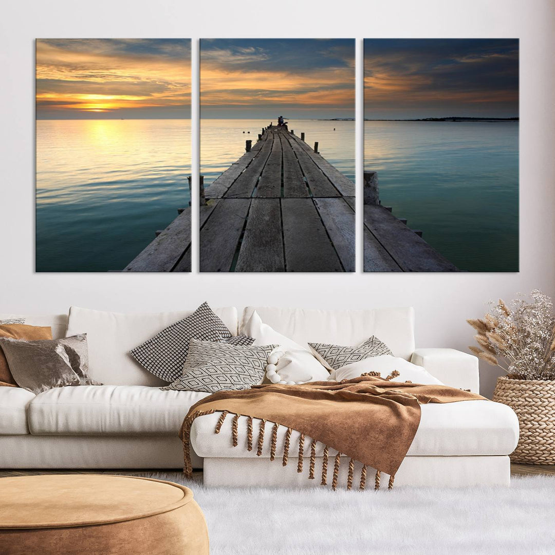 Large Wall Art Canvas Wooden Pier on Glassy Sea at Sunset