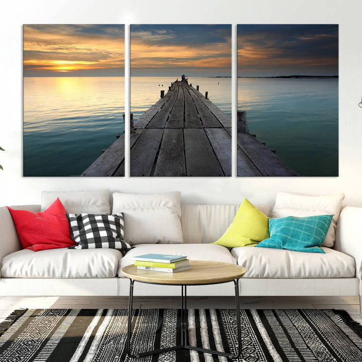 Large Wall Art Canvas Wooden Pier on Glassy Sea at Sunset