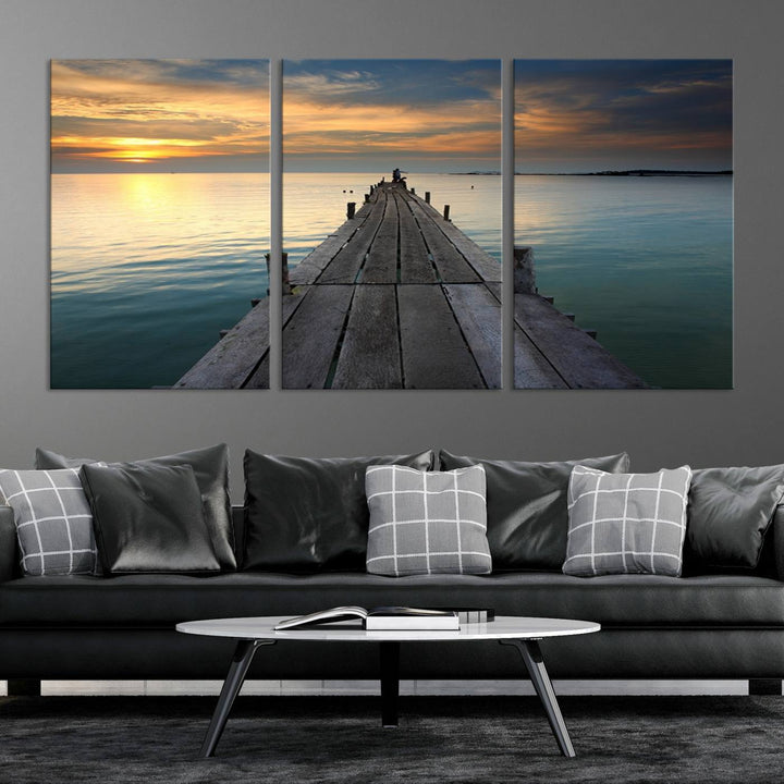 Large Wall Art Canvas Wooden Pier on Glassy Sea at Sunset